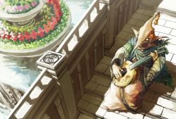 Rule 34 | 1boy, bad id, bad pixiv id, flower, hajikami, hashika, instrument, lute (instrument), male focus, nature, outdoors, pixiv fantasia, pixiv fantasia 4, pointy ears, sitting, solo, stairs