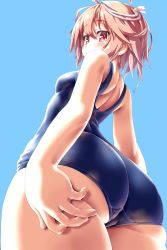 Rule 34 | 1girl, ass, ass grab, blush, commentary, cowboy shot, dd (ijigendd), grabbing own ass, hair ornament, highres, i-58 (kancolle), kantai collection, looking at viewer, looking back, one-piece swimsuit, pink eyes, pink hair, school swimsuit, short hair, simple background, solo, swimsuit