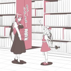 Rule 34 | 2girls, ascot, bat wings, black dress, book, book stack, bookshelf, bow, breast rest, breasts, crystal, dress, flandre scarlet, full body, hat, hat ribbon, head wings, kitano (kitanosnowwhite), koakuma, laevatein, large breasts, long hair, long sleeves, looking at another, mary janes, mob cap, monochrome, multiple girls, ponytail, profile, puffy sleeves, red eyes, red hair, ribbon, sash, shirt, shoes, short hair, short sleeves, side ponytail, skirt, skirt set, smile, socks, spot color, sweatdrop, text focus, touhou, translated, vest, white legwear, wings