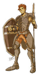 Rule 34 | 1boy, armor, commentary, dated, dc9spot, english commentary, fire emblem, grin, highres, holding, holding shield, holding spear, holding weapon, male focus, nintendo, orange legwear, plate armor, polearm, red hair, reyn (xenoblade), shield, signature, simple background, smile, solo, spear, weapon, white background, xenoblade chronicles (series), xenoblade chronicles 1, xenoblade chronicles (series)