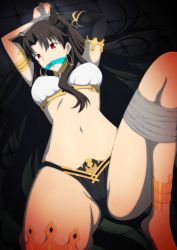 Rule 34 | 1girl, ahoge, angry, anklet, arms up, asymmetrical legwear, asymmetrical sleeves, black hair, black panties, blush, bound, bound wrists, breasts, commentary request, commission, crown, detached sleeves, earrings, elbow gloves, fate/grand order, fate (series), gag, gagged, gloves, highres, hoop earrings, ishtar (fate), jewelry, long hair, looking at viewer, lying, medium breasts, navel, neck ring, on back, panties, parted bangs, pixiv commission, red eyes, restrained, single detached sleeve, single elbow glove, single sleeve, single thighhigh, solo, tape, thighhighs, tiara, tumamiya01, two side up, underwear, uneven legwear, uneven sleeves