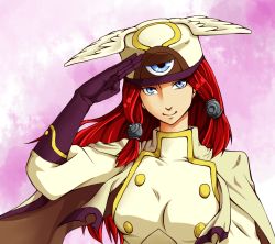 Rule 34 | 1girl, ant (pepelo), arc system works, blazblue, blazblue: continuum shift, blue eyes, breasts, capelet, hair tubes, hat, head wings, large breasts, long hair, red hair, salute, smile, solo, third eye, tsubaki yayoi, uniform, wings
