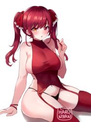 Rule 34 | 1girl, :o, alternate costume, artist name, black panties, blush, breasts, earrings, feet out of frame, garter straps, harunyax3, heterochromia, highres, hololive, houshou marine, jewelry, large breasts, long hair, looking at viewer, panties, red hair, red thighhighs, thighhighs, twintails, underwear, virtual youtuber, white background