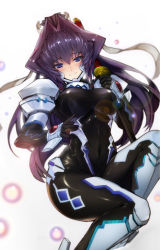 Rule 34 | 1girl, absurdres, armor, black gloves, blue eyes, blurry, bodysuit, boots, breasts, bubble, closed mouth, covered navel, depth of field, eyebrows, ganida boushoku, gloves, hair between eyes, hair intakes, highres, holding, holding sword, holding weapon, large breasts, lens flare, long hair, looking at viewer, mitsurugi meiya, muv-luv, pilot suit, ponytail, purple hair, smile, solo, sword, very long hair, weapon, white background