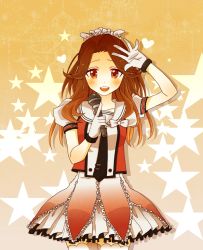 Rule 34 | 10s, 1girl, bad id, bad pixiv id, brown hair, gloves, heart, hoshi masa, jintsuu (kancolle), kantai collection, long hair, looking at viewer, microphone, open mouth, personification, red eyes, ribbon, solo, star (symbol)