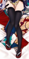 Rule 34 | 1girl, azur lane, black thighhighs, character request, copyright request, dakimakura (medium), highres, long hair, lower body, lying, on back, out of frame, panties, side-tie panties, solo, thighhighs, tony guisado, traditional clothes, underwear, white hair