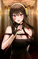 Rule 34 | 1girl, black dress, black gloves, black hair, blood, blood on face, blood on hands, blush, breasts, cleavage, dress, earrings, eyelashes, fingerless gloves, flower, gloves, gold, gold hairband, hair flower, hair ornament, hairband, hairpin, highres, holding, holding weapon, jewelry, knife, large breasts, lips, lower teeth only, open mouth, pendant, poddo (potto), red eyes, sidelocks, single earring, solo, sparkle, spy x family, teeth, weapon, yor briar