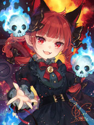 Rule 34 | 1girl, adapted costume, animal ears, bell, black dress, blush, braid, buttons, cat ears, commentary request, dress, extra ears, fangs, fire, flaming skull, foreshortening, jingle bell, kaenbyou rin, long hair, long sleeves, looking at viewer, open mouth, red eyes, red hair, skin fangs, skull, sleeve garter, smile, solo, touhou, toutenkou, twin braids