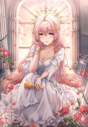 Rule 34 | 1girl, absurdres, ancient greek clothes, birdcage, blush, breasts, cage, circlet, cleavage, collarbone, cup, dress, flower, frilled dress, frills, gloves, greco-roman clothes, hand on own face, highres, holding, holding cup, large breasts, light, light particles, light rays, long hair, long sleeves, looking at viewer, open mouth, orange eyes, original, pink hair, pink sky, pippin (pippin sol), red flower, red rose, rose, sitting, sky, wall, white dress, window