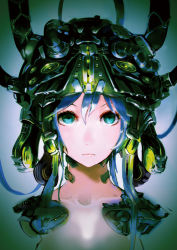 Rule 34 | 1girl, blue hair, cable, expressions, green eyes, helmet, highres, portrait, science fiction, so-bin, solo