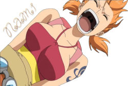 Rule 34 | 1boy, 1girl, breasts, goggles, hat, monkey d. luffy, nami (one piece), one piece, one piece: strong world, open mouth, orange hair, riding, sexually suggestive, shirt, simple background, sitting, straw hat, striped clothes, striped shirt, tattoo, tears, upper body, white background
