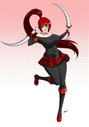 Rule 34 | 1girl, bare shoulders, breasts, curvy, devil-v, full body, glasses, highres, huge breasts, long hair, open mouth, original, ponytail, red eyes, red hair, skirt, smile, solo, standing, wide hips