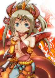 Rule 34 | 1girl, blonde hair, blue eyes, breasts, cleavage, echidna (p&amp;d), fire, knife, lamia, large breasts, monster girl, puzzle &amp; dragons, smile, solo