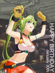 :q armpits arms_up artist_name banghwadongjopidi belt black_belt black_choker blue_eyes breasts character_name choker cleavage closed_mouth clothes_writing clothing_cutout collarbone commentary copyright_name dated english_text gear_hair_ornament gloves green_hair groin hangar happy_birthday high_ponytail holding holding_wrench jeanie_(master_of_eternity) korean_commentary long_hair machinery master_of_eternity mechanic medium_breasts midriff navel orange_pants pants safety_glasses sports_bra squatting thigh_cutout tongue tongue_out very_long_hair wrench yellow_gloves