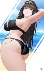 Rule 34 | 1girl, absurdres, arcedo, armpits, arms behind head, ass, bikini, breasts, butt crack, female focus, fire emblem, fire emblem awakening, gluteal fold, grey eyes, highres, large breasts, long hair, looking at viewer, nintendo, skindentation, solo, swimsuit, tharja (fire emblem), thighhighs