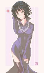 Rule 34 | 1girl, black dress, black hair, dress, fubuki (one-punch man), green eyes, heart, highres, looking at viewer, one-punch man, popped collar, sally (luna-arts), side slit, solo, spoken heart, thighhighs