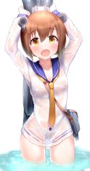 Rule 34 | 10s, 1girl, arms up, bag, binoculars, blush, boruhis, breasts, brown hair, buttons, collarbone, cowboy shot, dress, eyebrows, hair between eyes, handbag, highres, holding, holding binoculars, kantai collection, long sleeves, looking at viewer, necktie, open mouth, sailor dress, see-through, short hair, simple background, small breasts, solo, standing, wading, water, wet, wet clothes, wet dress, wet hair, white background, yellow eyes, yellow necktie, yukikaze (kancolle)