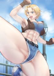 Rule 34 | 1girl, abs, blonde hair, blue eyes, bouncing breasts, breasts, capcom, cleavage, curvy, dangorou (yushi-art), denim, final fight, large breasts, lucia morgan, medium breasts, open mouth, shoes, short hair, smile, sneakers, solo, street fighter, thick thighs, thighs