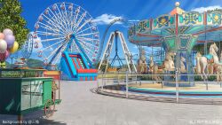 Rule 34 | amusement park, balloon, blue sky, candy, carousel, cart, cloud, day, ferris wheel, food, lollipop, no humans, original, outdoors, pendulum ride, railing, roller coaster, sanxian (wufs4222), scenery, sky, tree