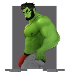 Rule 34 | 1boy, abs, artist request, ass, bara, beard, bulge, colored skin, covered penis, dressing, eyebrow cut, facial hair, feet out of frame, from side, glasses, green skin, grey pants, hair slicked back, i&#039;ve never seen a guy recreate this successfully tbh (meme), jockstrap, large pectorals, looking at viewer, male focus, male underwear, mature male, meme, monster boy, muscular, muscular male, nipples, open pants, orc, original, pants, pants lift, pectorals, pointy ears, red male underwear, short hair, sideburns, solo, stomach, topless male, tusks, undersized clothes, underwear