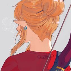 Rule 34 | 1boy, black shirt, blonde hair, bow (weapon), breath, clothes writing, earrings, from behind, grey background, hair bun, hair ornament, hair stick, hair up, hashtag-only commentary, highres, jewelry, link, male focus, nape, nintendo, pointy ears, shirt, sidelocks, simple background, single hair bun, so far 69, solo, the legend of zelda, the legend of zelda: breath of the wild, updo, weapon, weapon on back