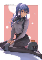 Rule 34 | 1girl, alternate costume, black pantyhose, black skirt, blue eyes, blue hair, border, can, commentary request, dated, gotland (kancolle), grey shirt, highres, kantai collection, kneeling, legs, long hair, mole, mole under eye, no shoes, pantyhose, pencil skirt, pink background, ponytail, revision, sheep, shirt, sidelocks, simple background, skirt, surstromming, tantaka, twitter username, white border