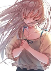 Rule 34 | 1girl, blonde hair, closed mouth, commentary request, closed eyes, frilled shirt, frills, hami yura, highres, long hair, original, shirt, simple background, solo, upper body, white background