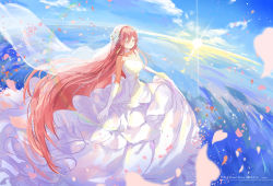Rule 34 | 1girl, absurdly long hair, breasts, bridal veil, bride, closed eyes, collarbone, commentary request, day, dress, elbow gloves, flower, frills, gloves, hair flower, hair ornament, highres, kkkula (kula), long dress, long hair, medium breasts, open mouth, orange hair, original, outdoors, petals, skirt hold, solo, standing, standing on liquid, strapless, strapless dress, sunset, veil, very long hair, water, wedding dress, white dress, white gloves