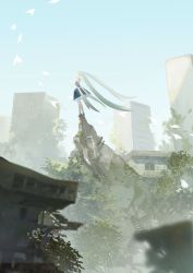 Rule 34 | 1girl, absurdly long hair, bird, blue dress, blue footwear, blurry, building, commentary, day, depth of field, dress, from behind, hand up, hatsune miku, high heels, highres, long hair, meru02295238, outdoors, overwatch, overwatch 1, ruins, scenery, skyscraper, sleeveless, sleeveless dress, solo, stairs, standing, train (clothing), twintails, two-sided fabric, two-sided skirt, very long hair, vocaloid