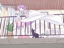 Rule 34 | 1girl, air conditioner, balcony, black cat, blouse, blue shirt, buttons, cat, ceiling, closed mouth, clothes hanger, crack, door, drying, drying clothes, eyeball, fence, from below, full body, hairband, heart, itatatata, kaenbyou rin, kaenbyou rin (cat), komeiji satori, laundry, long sleeves, multiple tails, one eye closed, pink hair, pink skirt, plant, pot, red footwear, shirt, shoes, short hair, skirt, sliding doors, socks, solo, tail, third eye, touhou, two tails, wall, wide sleeves