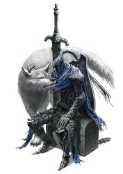 Rule 34 | 1boy, animal, armor, artorias the abysswalker, cape, chainmail, cloak, dark souls (series), dark souls i, diolemonde, from software, full armor, great grey wolf sif, helmet, highres, huge weapon, knight, male focus, oversized animal, pet, shield, simple background, sitting, solo, sword, torn cape, torn clothes, treasure chest, weapon, white background, wolf