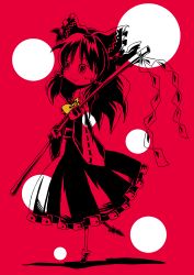 Rule 34 | 1girl, bow, detached sleeves, female focus, full body, gohei, hair bow, hakurei reimu, japanese clothes, long hair, miko, monochrome, red theme, solo, sonson (eleven), spot color, touhou