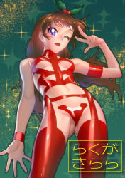 Rule 34 | 1girl, brown hair, gluteal fold, hair ornament, long hair, looking at viewer, maebari, nadeara bukichi, navel, one eye closed, open mouth, original, purple eyes, revealing clothes, revealing layer, skin tight, solo, star (symbol), starry background