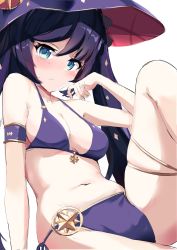 Rule 34 | 1girl, :., absurdres, aqua eyes, bikini, breasts, closed mouth, day mello, genshin impact, gold trim, hand up, hat, highres, knee up, looking at viewer, medium breasts, mona (genshin impact), navel, purple bikini, purple hair, side-tie bikini bottom, sitting, skindentation, solo, sparkle hair ornament, stomach, swimsuit, thighlet, thighs, twintails, witch hat