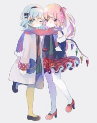 Rule 34 | 2girls, bat wings, black footwear, blonde hair, bow, coat, crystal, fanny pack, flandre scarlet, full body, green eyes, green hair, hair bow, hairband, hiyuu (hiyualice), komeiji koishi, multicolored wings, multiple girls, one side up, plaid, plaid skirt, red eyes, scarf, short hair, side ponytail, skirt, striped clothes, thighhighs, third eye, touhou, white thighhighs, wings