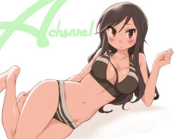 Rule 34 | 1girl, :&lt;, a channel, bikini, blush, breasts, brown eyes, brown hair, cleavage, collarbone, copyright name, curvy, dutch angle, groin, large breasts, long hair, lying, mikami komata, navel, nishi yuuko, on side, simple background, solo, swimsuit, thighs, tsurime, wide hips