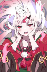 Rule 34 | 1girl, :d, @ @, auui, bare shoulders, blush, commentary request, fangs, floating hair, gradient hair, grey background, hands on own face, hands up, highres, hololive, horns, japanese clothes, kimono, long hair, long sleeves, looking at viewer, multicolored hair, nakiri ayame, nakiri ayame (1st costume), oni, open mouth, red eyes, red hair, red kimono, skin-covered horns, smile, solo, upper body, very long hair, virtual youtuber, white hair, wide sleeves