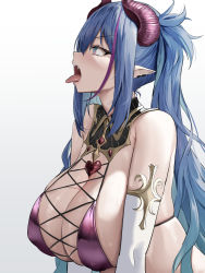Rule 34 | 1girl, bare shoulders, blue eyes, blue hair, blush, breasts, cleavage, cross-laced clothes, demon girl, demon horns, detached collar, elbow gloves, gloves, highres, horns, huge breasts, long hair, multicolored hair, oekakizuki, open mouth, original, pointy ears, ponytail, sidelocks, simple background, solo, streaked hair, tongue, tongue out, white background, white gloves