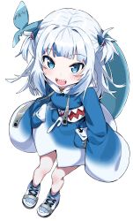 Rule 34 | 1girl, blue eyes, blue hair, blue hoodie, blue socks, blush, fins, fish tail, full body, gawr gura, gawr gura (1st costume), grey hair, highres, hololive, hololive english, hood, hood down, hoodie, long hair, long sleeves, looking at viewer, multicolored hair, open mouth, shark tail, sharp teeth, shoes, simple background, sleeves past fingers, sleeves past wrists, socks, solo, standing, streaked hair, tail, teeth, tosyeo, two side up, virtual youtuber, white background, white footwear, wide sleeves