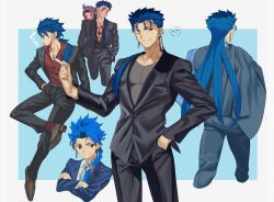Rule 34 | 6+boys, aora, black jacket, black shirt, blue background, blue hair, border, braid, braided ponytail, character doll, character request, chibi, cigarette, commentary request, cowboy shot, crossed arms, cu chulainn (caster) (fate), cu chulainn (fate), cu chulainn (fate) (all), cu chulainn (fate/prototype), cu chulainn (fate/stay night), cu chulainn alter (fate), earrings, facial mark, fate/grand order, fate (series), from behind, full body, highres, holding, holding cigarette, jacket, jewelry, long hair, mini cu-chan (fate), multiple boys, multiple persona, one eye closed, open clothes, open shirt, ponytail, red eyes, red shirt, setanta (fate), shirt, smoking, upper body, white border