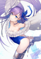 Rule 34 | 1girl, armor, ass, bare shoulders, blue bow, blue eyes, blue one-piece swimsuit, blush, bow, breasts, collarbone, fate/grand order, fate (series), frills, greaves, hair between eyes, hair bow, kyoeiki, long hair, long sleeves, looking at viewer, meltryllis, meltryllis (fate), meltryllis (swimsuit lancer) (fate), navel, one-piece swimsuit, puffy sleeves, purple hair, simple background, sleeves past fingers, sleeves past wrists, small breasts, solo, sparkle, swimsuit, thighs, very long hair, white background