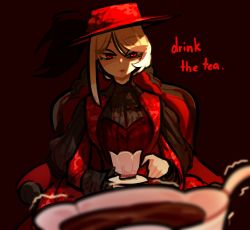 Rule 34 | 1girl, blonde hair, blurry, blurry foreground, centurii-chan (artist), chair, colored eyelashes, commentary, cup, dress, english commentary, english text, hat, hat feather, highres, holding, holding cup, holding plate, lips, looking at viewer, original, parted lips, plate, pov, red background, red dress, red eyes, red hat, sidelocks, simple background, sitting, solo, tea