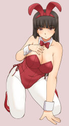 Rule 34 | 1girl, animal ears, black hair, blush, bow, bowtie, breasts, brown eyes, cleavage, closed mouth, collarbone, full body, girls und panzer, large breasts, leotard, long hair, looking at viewer, nishizumi shiho, pantyhose, pink background, playboy bunny, rabbit ears, red bow, red bowtie, red leotard, simple background, solo, uona telepin, white pantyhose