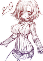 Rule 34 | 1girl, 2-g, blush, bottomless, breasts, curvy, impossible clothes, impossible shirt, impossible sweater, large breasts, looking at viewer, monochrome, ribbed turtleneck sweater, shirt, short hair, sketch, solo, sweater, wide hips