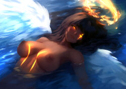 1girl afloat angel angel_wings bad_link baddelz black_hair breasts breasts_apart cora_(baddelz) dark-skinned_female dark_skin feathered_wings glowing glowing_eyes glowing_scar halo highres large_breasts nude one_eye_closed orange_eyes original partially_submerged scar scar_across_eye solo upper_body wings yellow_halo