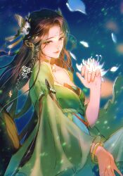 Rule 34 | 1girl, artist request, baiguio (zhu xian), beads, brown hair, chinese clothes, closed mouth, dress, facial mark, falling petals, forehead mark, from side, glint, glitter, green dress, hair ornament, highres, long hair, long sleeves, night, outstretched hand, petals, second-party source, smile, solo, upper body, zhu xian