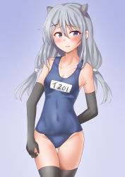Rule 34 | 1girl, alternate costume, anti (untea9), bag, black gloves, blue one-piece swimsuit, breasts, cleavage, clothing aside, collarbone, cowboy shot, elbow gloves, fake horns, gloves, gluteal fold, gradient background, grey eyes, grey hair, hair between eyes, highres, horned headwear, horns, i-201 (kancolle), kantai collection, long hair, looking at viewer, name tag, old school swimsuit, one-piece swimsuit, purple background, school swimsuit, small breasts, solo, swimsuit, swimsuit aside, thighhighs, thighs, twitter username