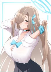 Rule 34 | absurdres, asuna (blue archive), blue archive, blue bow, blue bowtie, bow, bowtie, breasts, halo, hand in own hair, highres, large breasts, long hair, looking at viewer, maruneco, mole, school uniform, smile