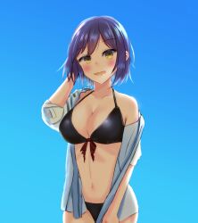 Rule 34 | 1girl, bikini, black bikini, blue background, blue hair, blue shirt, bob cut, breasts, cleavage, commentary, cowboy shot, front-tie bikini top, front-tie top, gradient background, hand in own hair, highres, large breasts, looking at viewer, melow menow, mole, mole under eye, navel, nijisanji, no pants, off shoulder, open clothes, open mouth, open shirt, shirt, shizuka rin, short hair, smile, solo, standing, swimsuit, virtual youtuber, yellow eyes