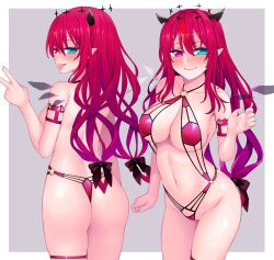 Rule 34 | 1girl, ass, blue eyes, crystal wings, detached wings, gradient hair, heterochromia, hololive, hololive english, horns, irys (hololive), ishiusu, multicolored hair, multiple horns, multiple views, navel, pointy ears, purple eyes, red hair, revealing clothes, streaked hair, tongue, tongue out, virtual youtuber, wings
